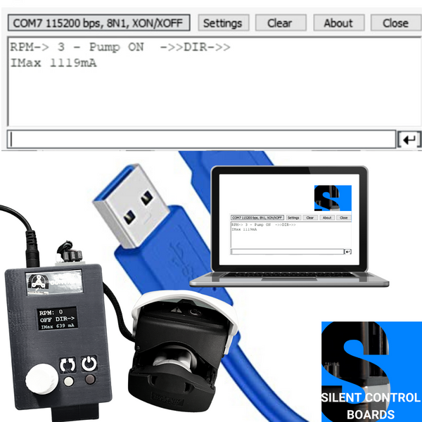 Connect USB port to terminal program to display RPM, ON/OFF, Direction and Maximum Current Setting on you computer